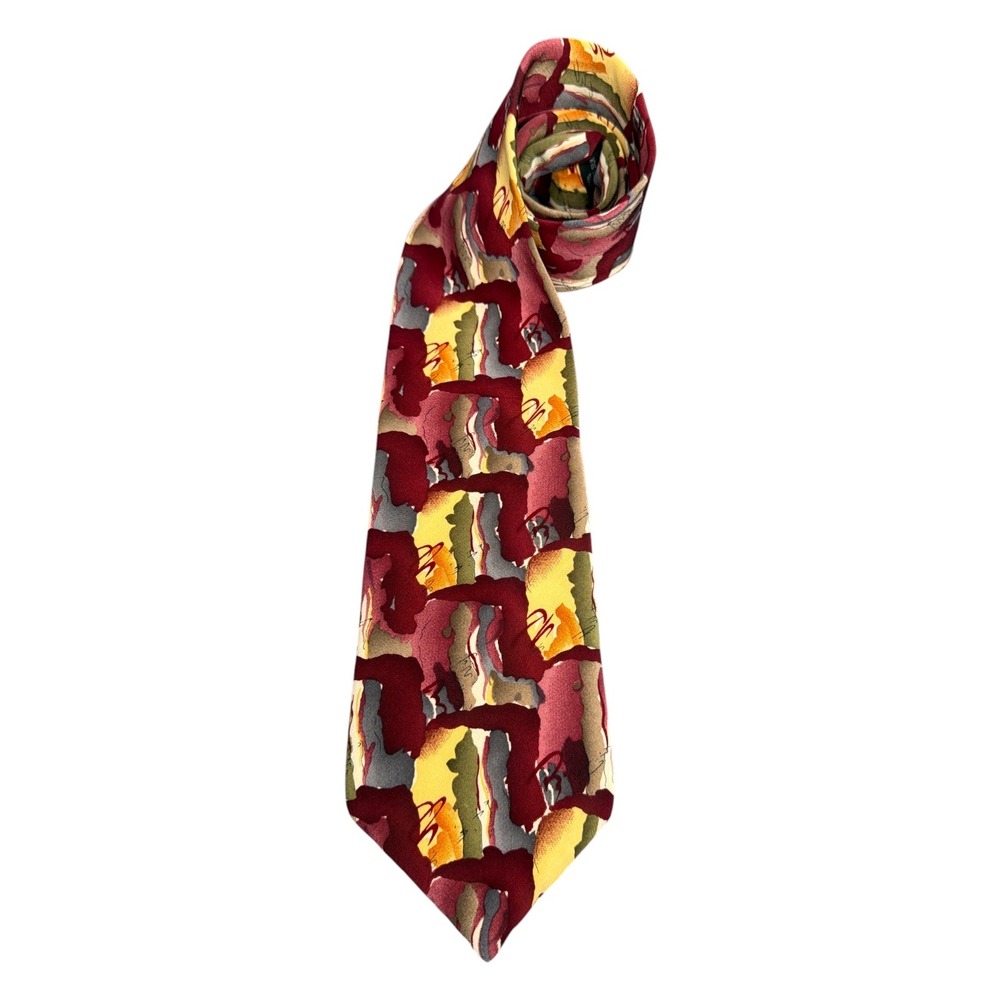 J. Garcia Mens Silk Necktie Abstract Watercolor Burgundy‎ Gold Green Art Tie